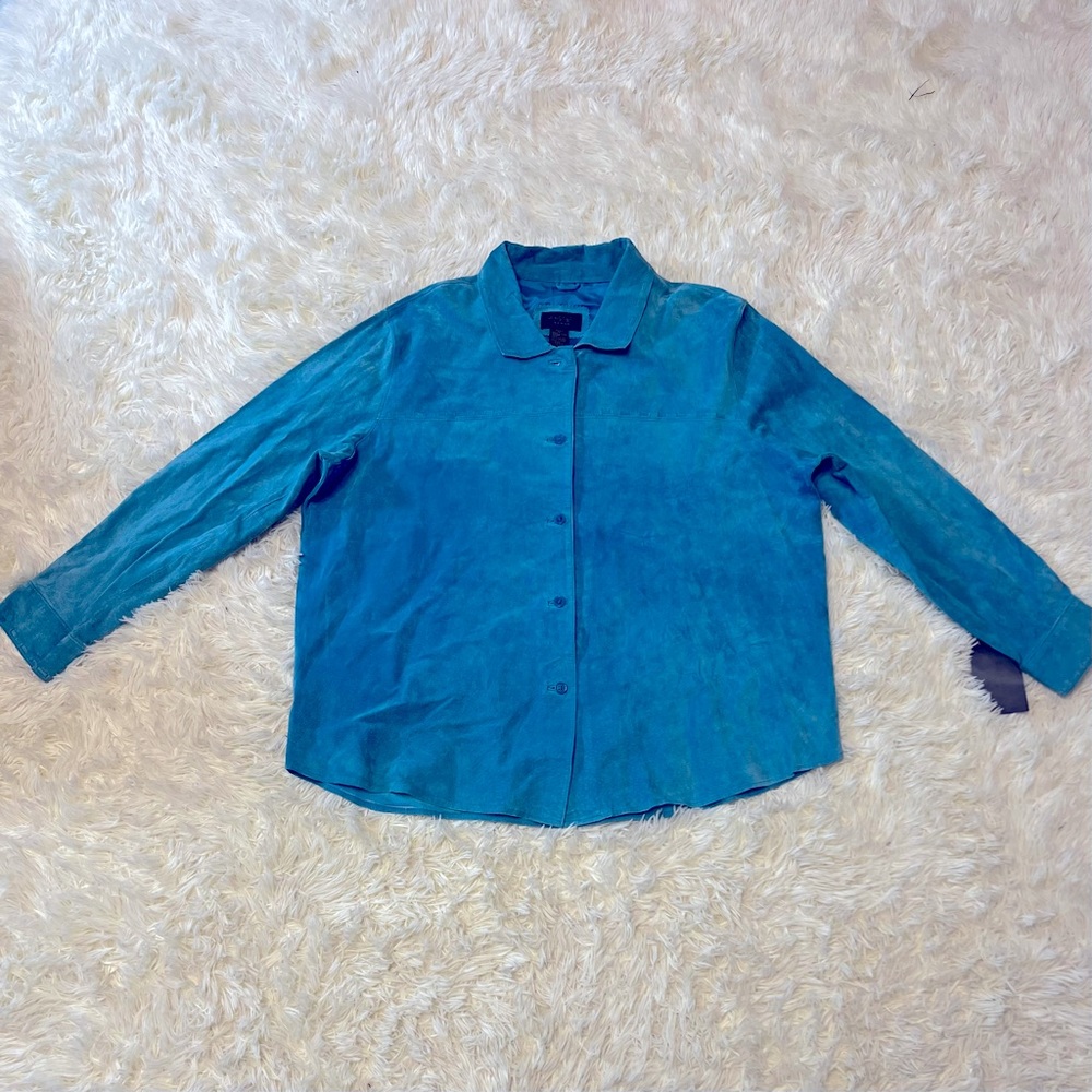 Suede Leather Teal Blue Shacket Buttons Collar Jacket Shirt Womens M Vintage new